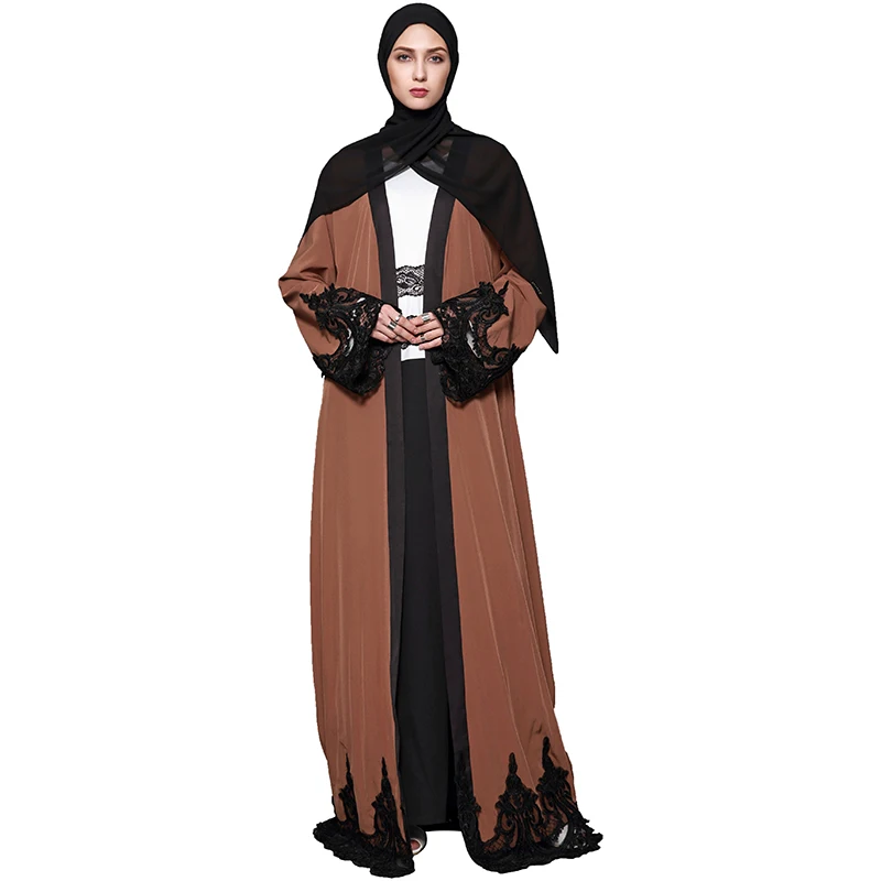 

Babalet Womens' Elegant Modest Muslim Islamic Full Length Color Block Open Front Lace Splicing Abaya Dress with Belt Plus Size