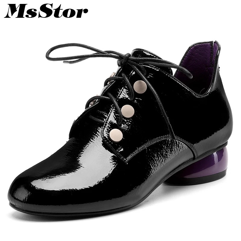 

MsStor Round Toe Square heel Women Pumps Fashion Metal Decoration Low Heels Women Shoes Zapatos Mujer Cross Tied Leather Pumps