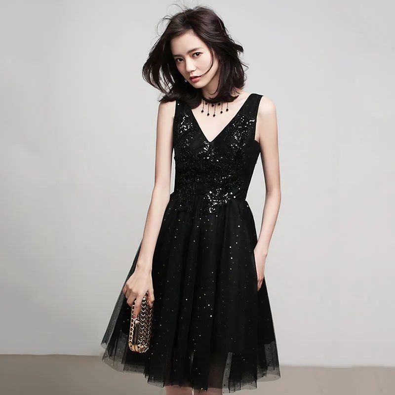 

Bling Bling Sexy V-neck Evening Dress Black Sequins Graduation Gown For Women Sleeveless Homecoming Party Dresses Vestido Preto