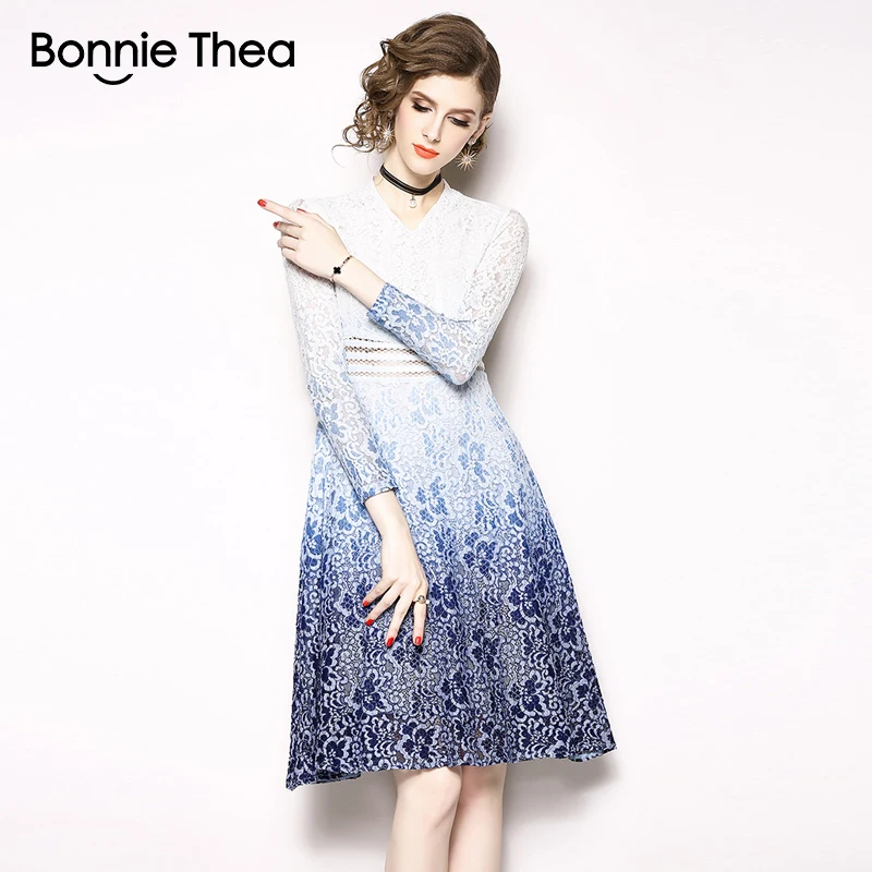 Bonnie Thea винтажное осеннее женское голубое кружевное платье vestido однотонное