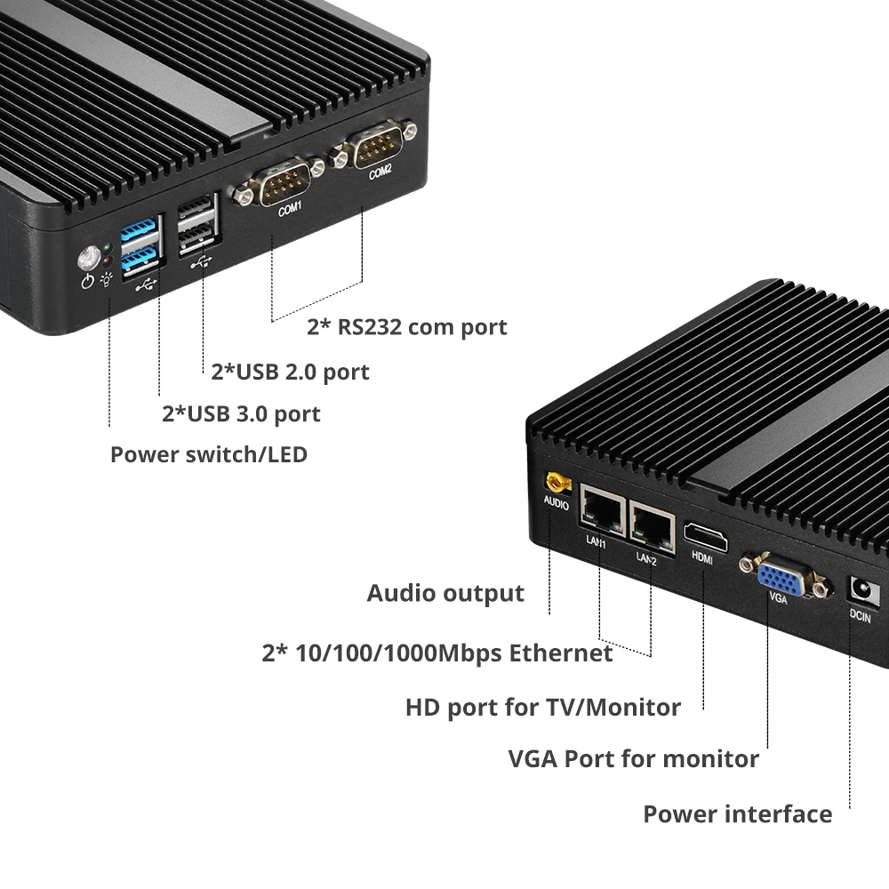 XCY безвентиляторный мини-ПК Dual LAN Celeron J1900 J1800 N2810 Windows 10 2* COM 2* Gigabit Ethernet WiFi HDMI VGA мини-компьютер