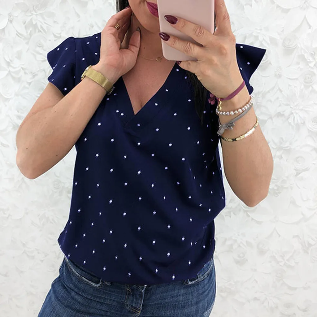 

Fashion Women Polka Dot Printed Blue V-Neck Ruffle Short Sleeve Boho T-Shirt Tops Summer Ladies Girl's Tees Shirts Camisa Blusas