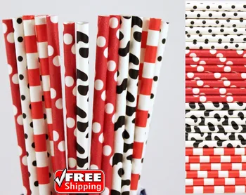 

200pcs Mixed 4 Designs Red and Black Themed Paper Straws-Sailor Stripe,Dot,Cow Print Farm Birthday Party Straws-Kids Cute Bulk