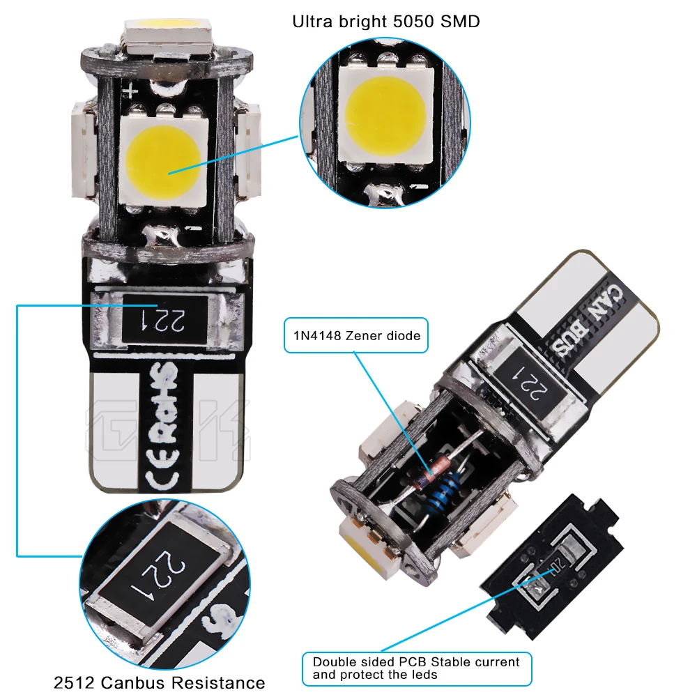 10 шт. T10 5led 5050 smd Led Canbus автомобильный Smd светильник w5w led canbus 194 t10 5smd лампа без Obc для