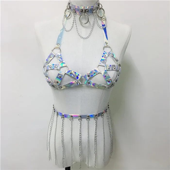 Festival Queen Holographic Leather Straps Garter Belt Set Sexy Body Harness Cage Bra Tassel Chain Waist Belt Garters 2 Piece Set - Цвет: 3 piece set