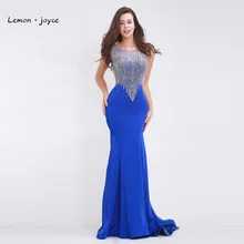 Blue Elegant Evening Dresses Long 2017 New with Scoop Neck Sleeveless Bading Sexy Tulle Back Floor Length Party Gowns