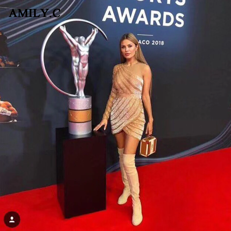 

Amily.c 2019 new one-shoulder diamond mini dress long-sleeved Bodycon dress fashion celebrity club party