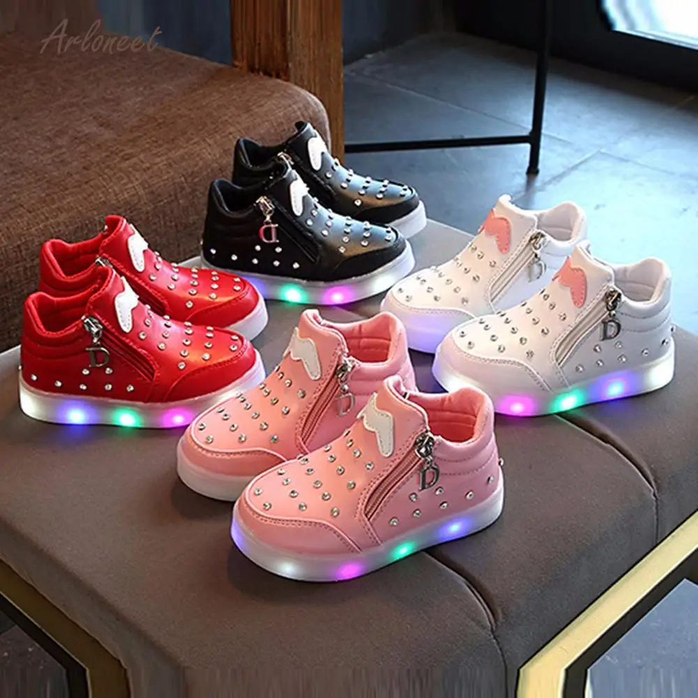 

ARLONEET Soft baby boy shoes Zip 2018 baby girl shoes first walker Crystal LED Light Up Luminous Sneakers Shoes 2JAN10