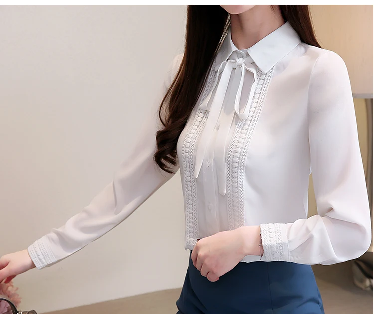 Осенняя Женская белая блузка офисный женский узкий обычный сплайсированный Свободный Длинный однотонный шифоновый рубашки рукав 5125 50
