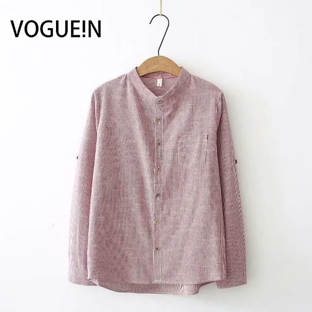  VOGUEIN New Womens Stand Collar Striped Print Long Sleeve Blouse Shirt Tops Wholesale
