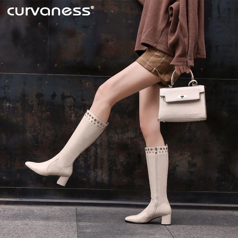 

Curvaness Women's Fashion Boots Knee High Slim Boots Riding Boots Women Elegant Side Zip Comfortable Solid Color Boots