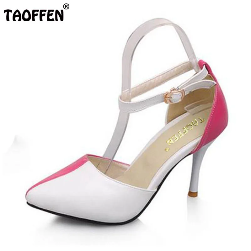 

TAOFFEN Women Thin Heel Sandals Women Mixed Color Buckle Sandalias Pointed Toe High Heels Women'S Daily Footwear Size 31-44