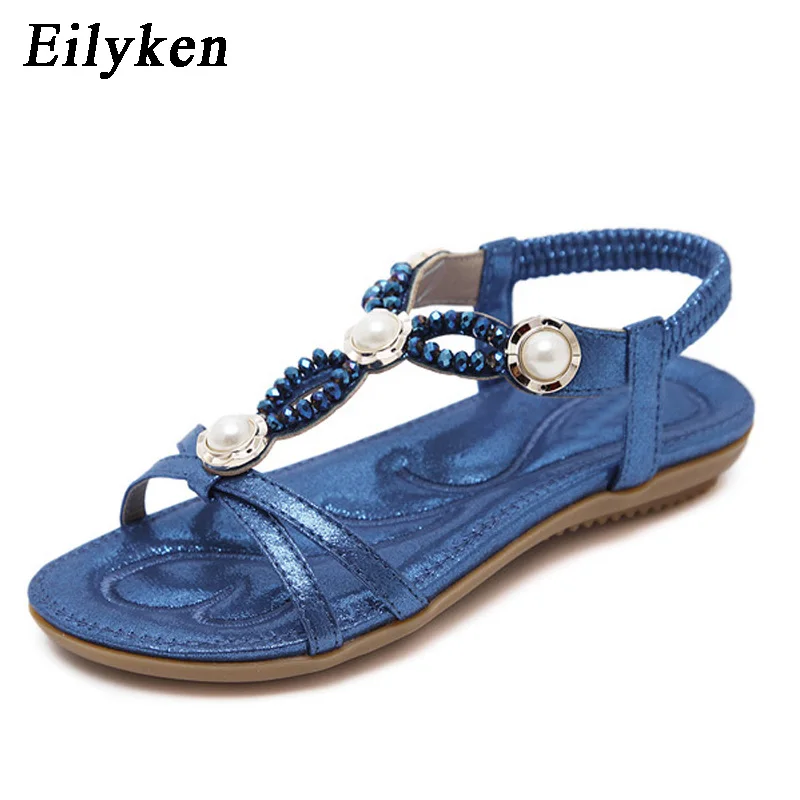 

Eilyken New Women Flat Sandals Shoes Bohemia Flip Flop Crystal Female Soft Leisure String Bead Wedges Sandals size 42