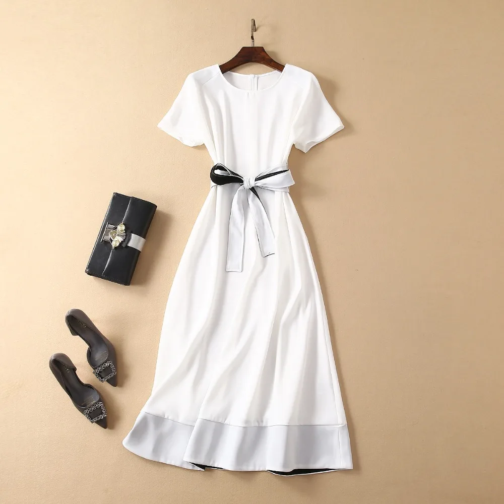 

Runway Designer 2019 Spring Summer Dress Women Sashes Waisted Solid Color O Neck Elegant Long Dress Vestidos Female Clothing
