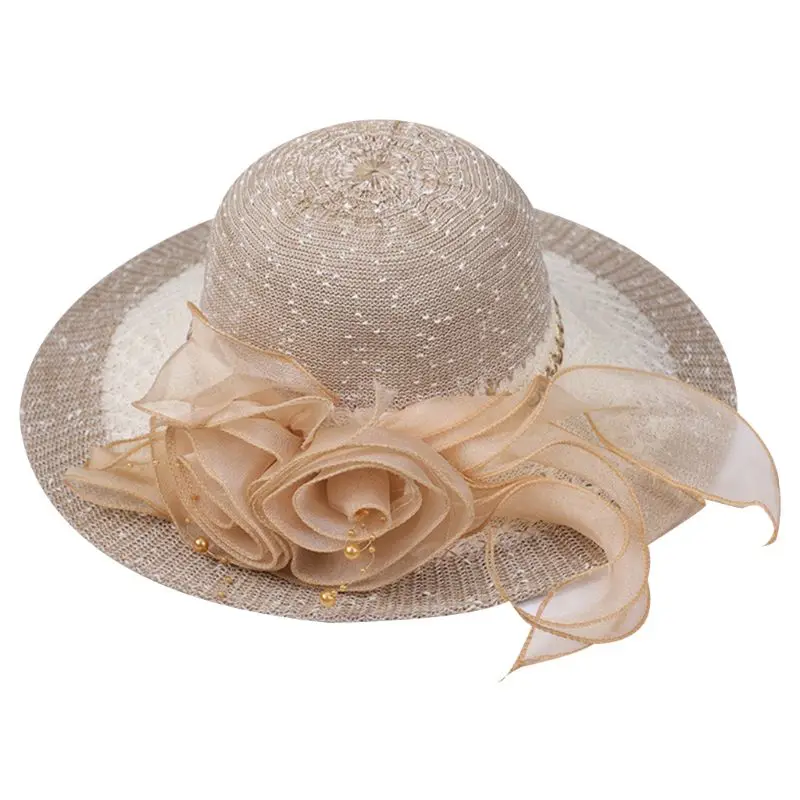 Женская летняя соломенная широкополая шляпа от солнца, плетеная лента, большой спиральный цветок, украшенная бисером, с широкими полями, Панама, кружевная жаккардовая Вязаная пляжная одежда