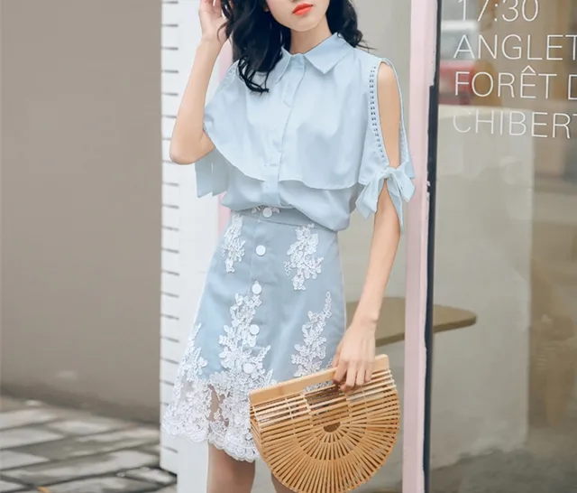 New Women Skirts Suits 2018 Ruffles Lace Up Bows Shirts Blouses + Denim Lace Embroidery Skirt Suits Clothing Sets NS399