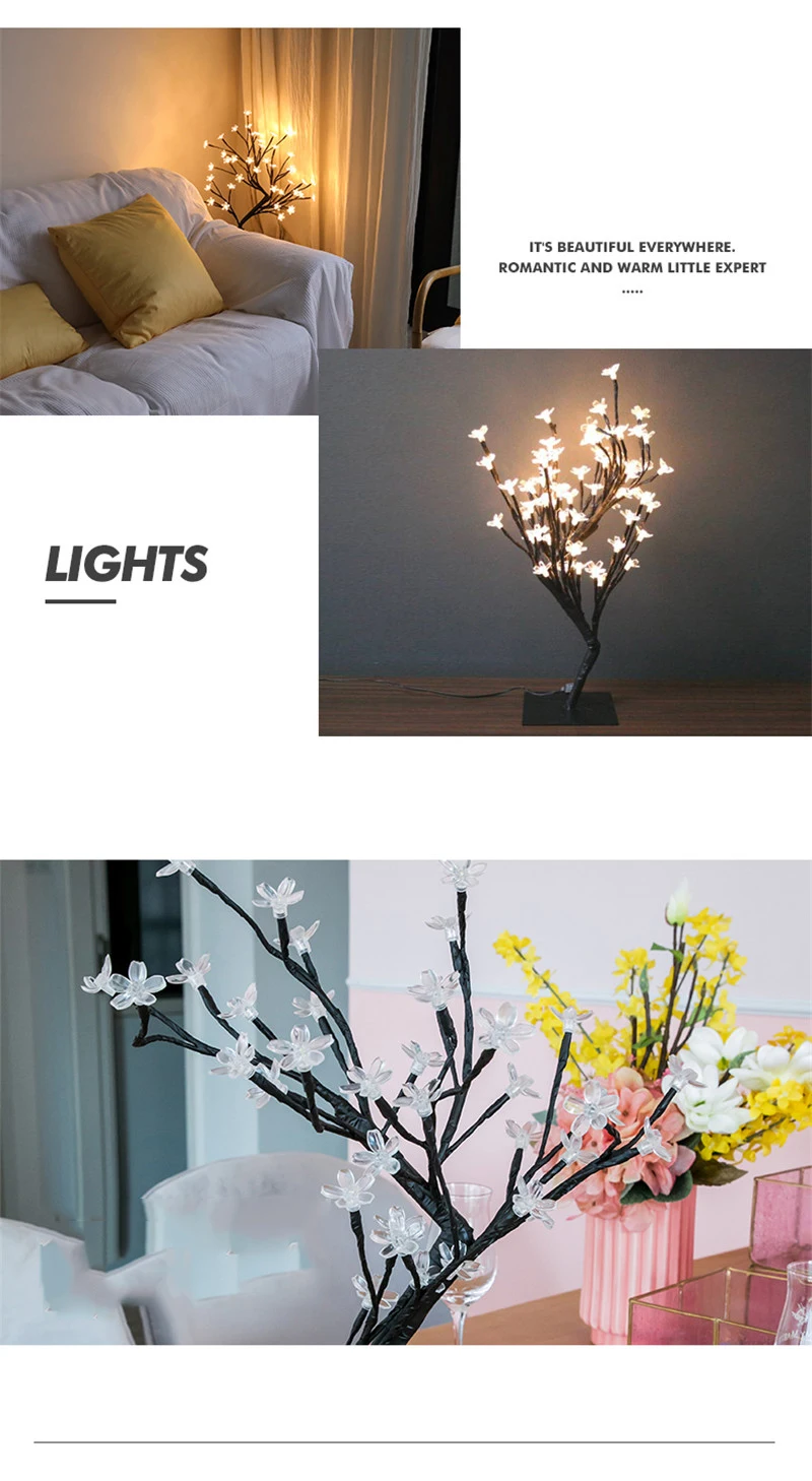 DC5V LED Crystal Cherry Blossom Tree Night Lights Home Table Lamp Christmas Fairy Wedding Decoration Indoor Warm White Lighting