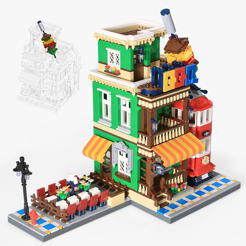 Вид на улицу города барбекю ТРАМ Ресторан Moc строительные блоки модель 1922 шт assemable коллекция деталек коллекции игрушек образования