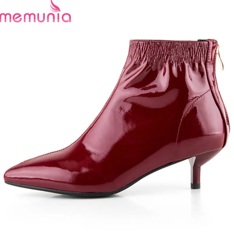 

MEMUNIA 2018 newest patent leather ankle boots for women pointed toe autumn winter boots zip sexy thin heels boots shoes woman