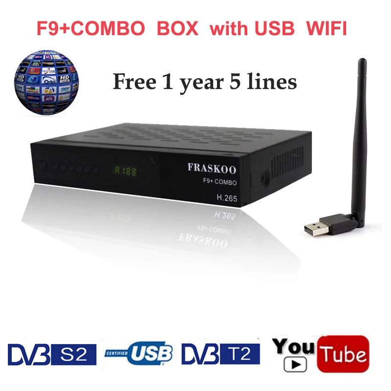 

Satellite Receiver FRASKOO F9+ COMBO DVB-S2/DVB-T2 with USB WIFI free 1 Year Europe Cccam 5 clines HD 1080P H.265 and Spain UK
