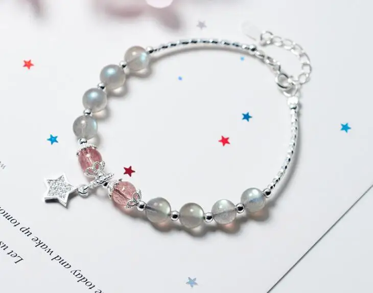 

6mm 100% Real. 925 Sterling Silver jEWELRY Star Natural strawberry quartz Stone &Moonstone bangle Bracelet with Flower GTLS764