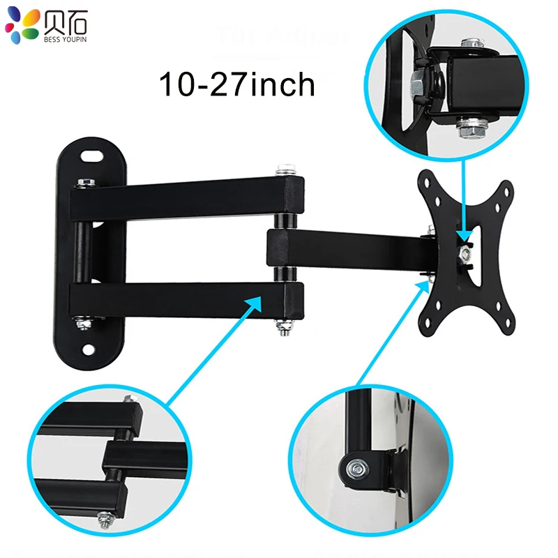 Настенный кронштейн для монитора с поворотным и артикуляционным наклонным кронштейном подходит для ЖК-дисплея 10-27 дюймов, светодиодный экран с плоским экраном до 22 фунтов