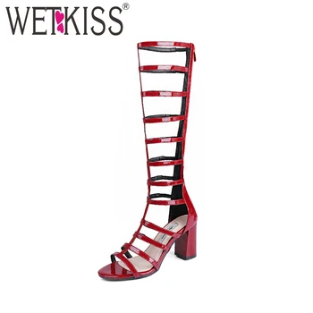

WETKISS Gladiator Knee High Women Boots Open Toe Square Heels Pu Footwear Zipper 2019 Fashion High Heels Summer Ladies Shoes