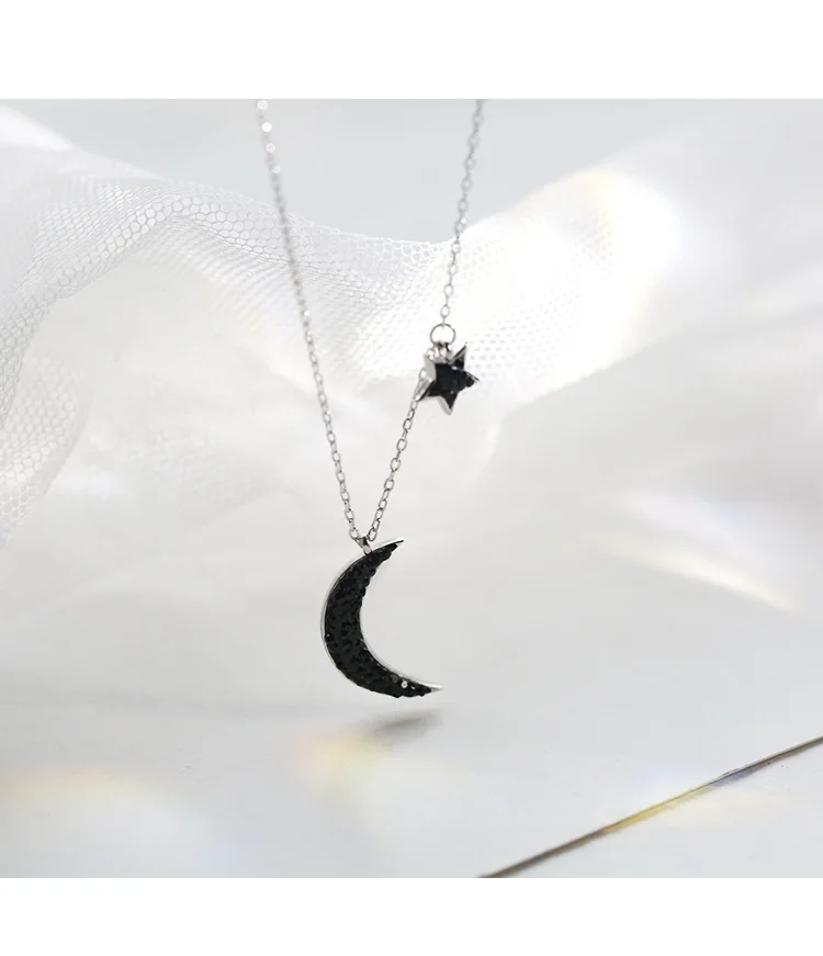 Anenjery Горячее предложение, простое шикарное ожерелье с цепочкой в виде ключицы, 925 пробы, серебряное, черное, циркониевое ожерелье с Луной и звездой для женщин, S-N269