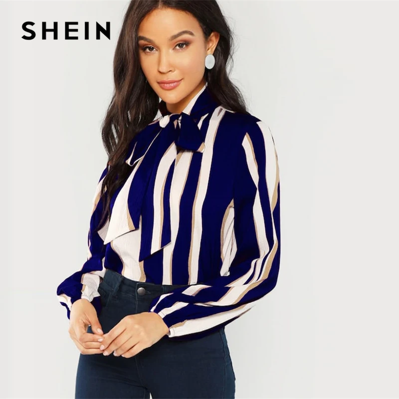 SHEIN Полосатая Блузка С Бантом Элегантная Офисная В Полоску Длинным