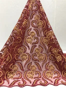 

2019 red Latest French Nigerian Laces Fabrics High Quality African Laces Fabric Wedding Glued glitter beads stones Tulle Lace
