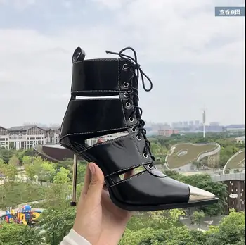 

2019 European and American style new hollow metal strappy booties High-heeled sandals rivet hollow straps