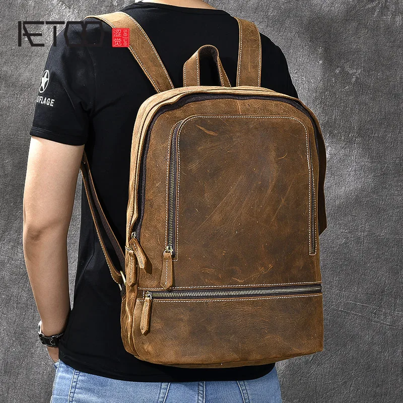 

BJYL Vintage top layer crazy horse leather men's 14 inch shoulder computer bag leather leisure travel backpack