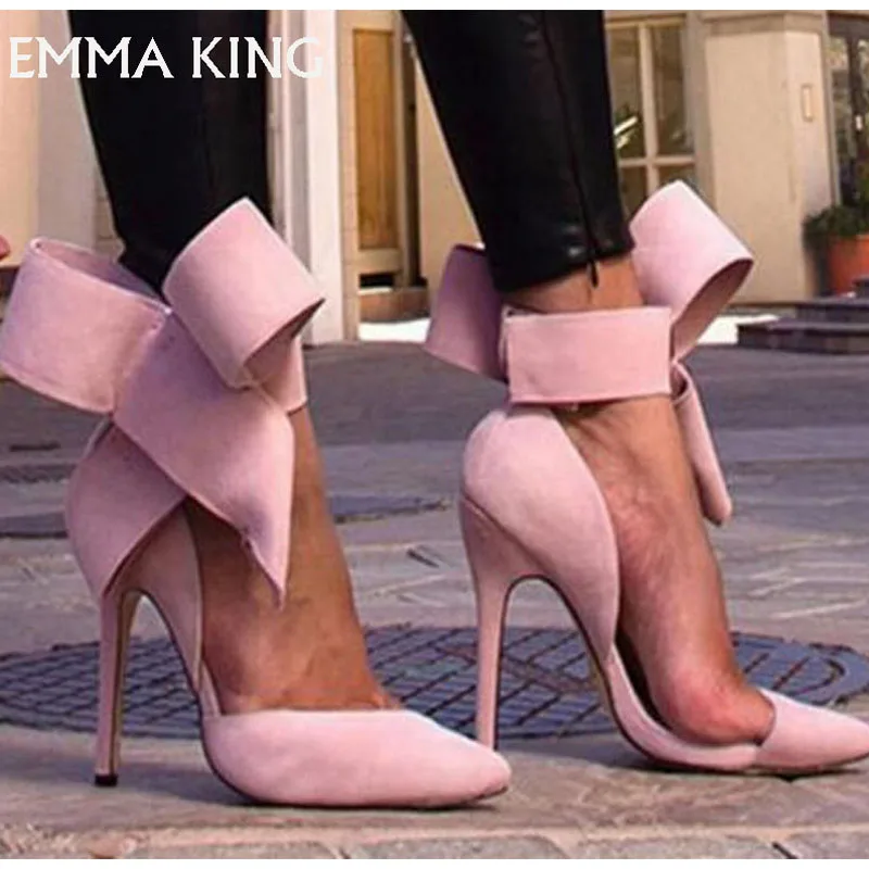 

2018 New women shoes sexy red pointed toe chaussures femme high heels pumps Bow party prom shoes suede zapatos de mujer