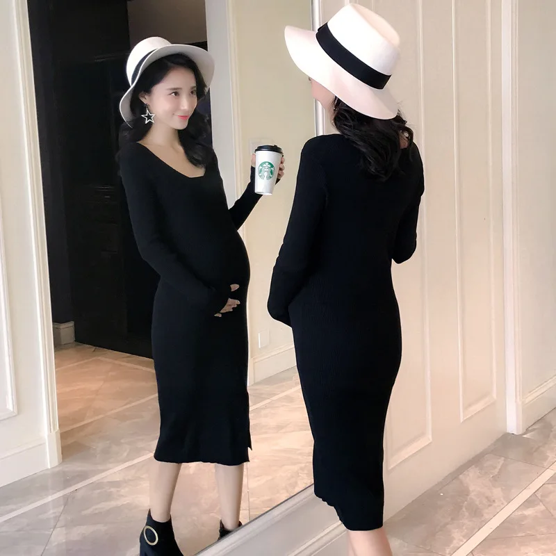 

BONJEAN Autumn Winter Maternity Clothes Super Elastic Show Thin V-neck Render Knitted Dress Pregnant Women Large Size Clothes