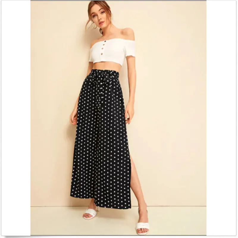 

Womens Slit Flared Palazzo Trousers Wide Leg High Loose Chiffon Harem Pants Fashion New Women Pants 2019 Women Clothes