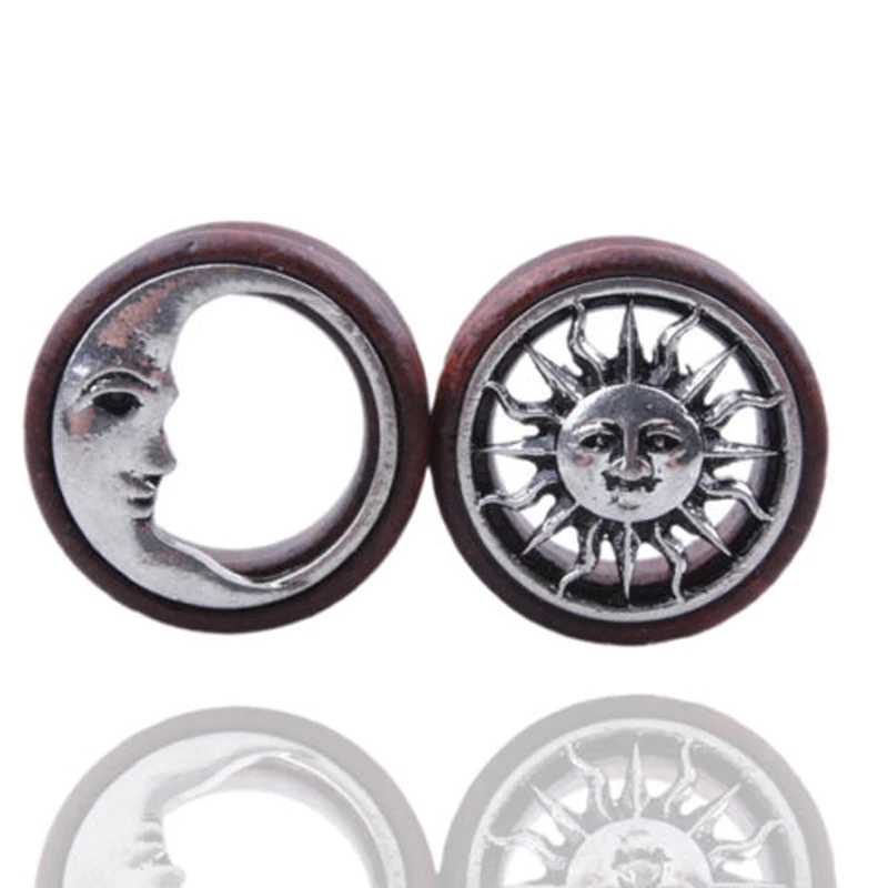 1Pair Sun Moon Ear Plugs Wooden Double Flared Saddle Flesh Tunnel Gauges Ear Piercing Expander Unisex Body Jewelry 8-20mm