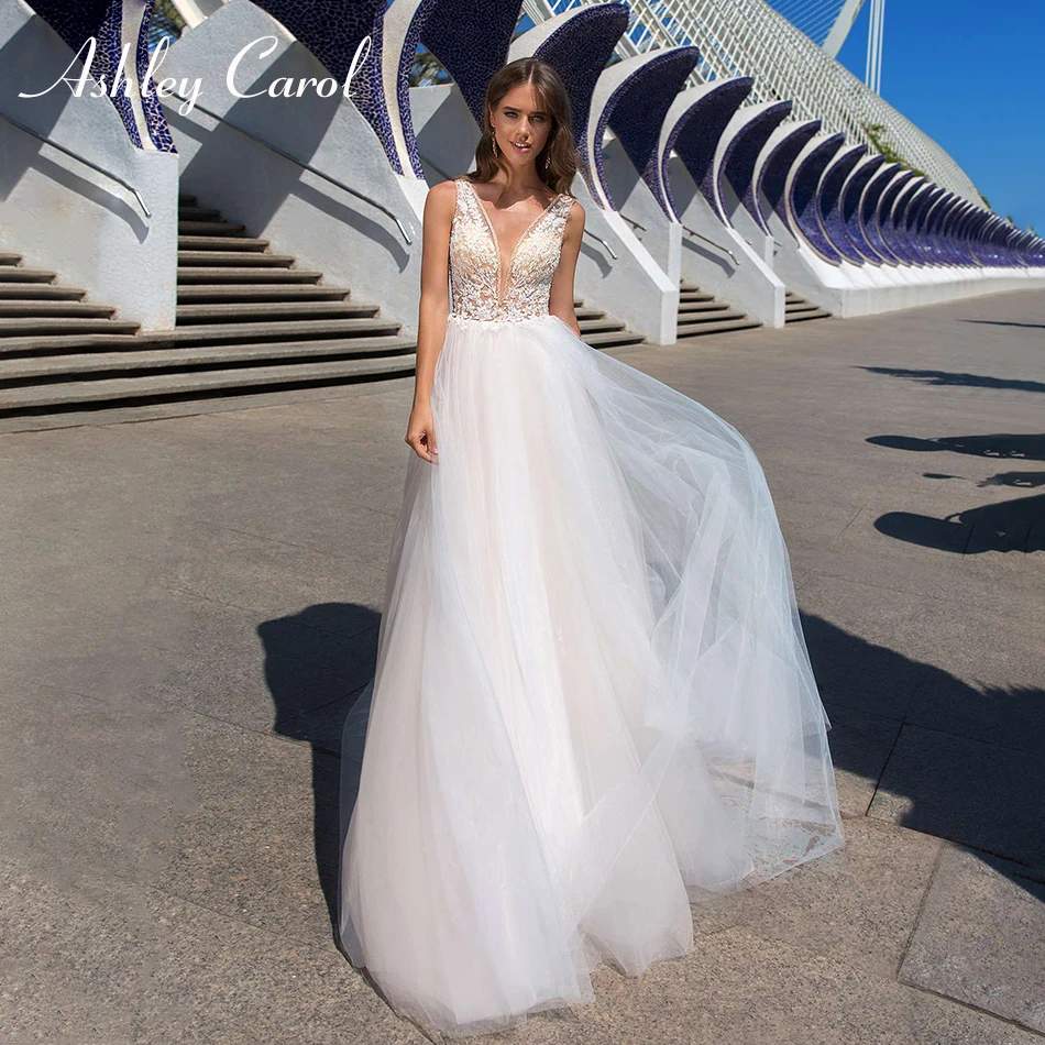

Ashley Carol Luxury Beaded V-neckline Sexy Backless Beach Boho Wedding Dress 2019 New Arrival Sleeveless Tulle Wedding Gowns