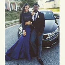 Sexy Zwei Stücke Long Sleeves Nixe-abschlussball 2016 High Neck Kristall Perlen Open Back Royal Blau Schwarz Abendkleider