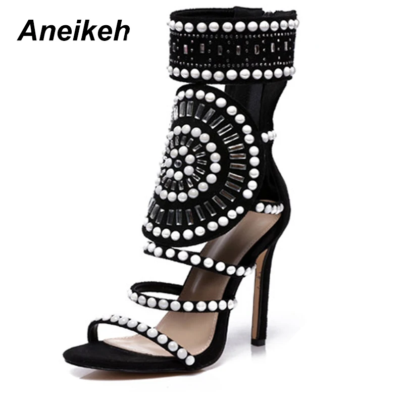Aneikeh/сандалии; женские модные босоножки на высоком каблуке с открытым носком, украшенные стразами; сандалии-гладиаторы со стразами и ремешком на лодыжке - Цвет: Black