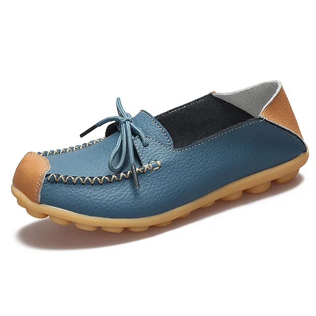 Zapatos planos de piel auténtica para mujer-Azul Zapatos planos de piel auténtica para mujer-Azul