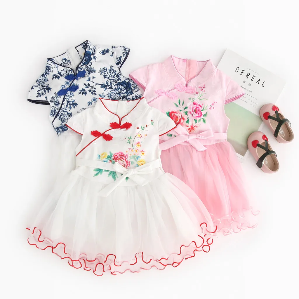 

Toddler Kid Baby Girl Floral Printed Lace Patchwork Cheongsam Princess Dress Drop Shipping