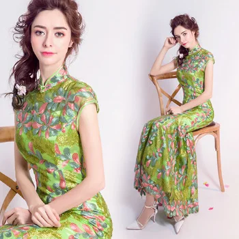 green traditional wedding qipao dresses cheongsam embroidered designer modern chinese oriental women long lace plus size mermaid