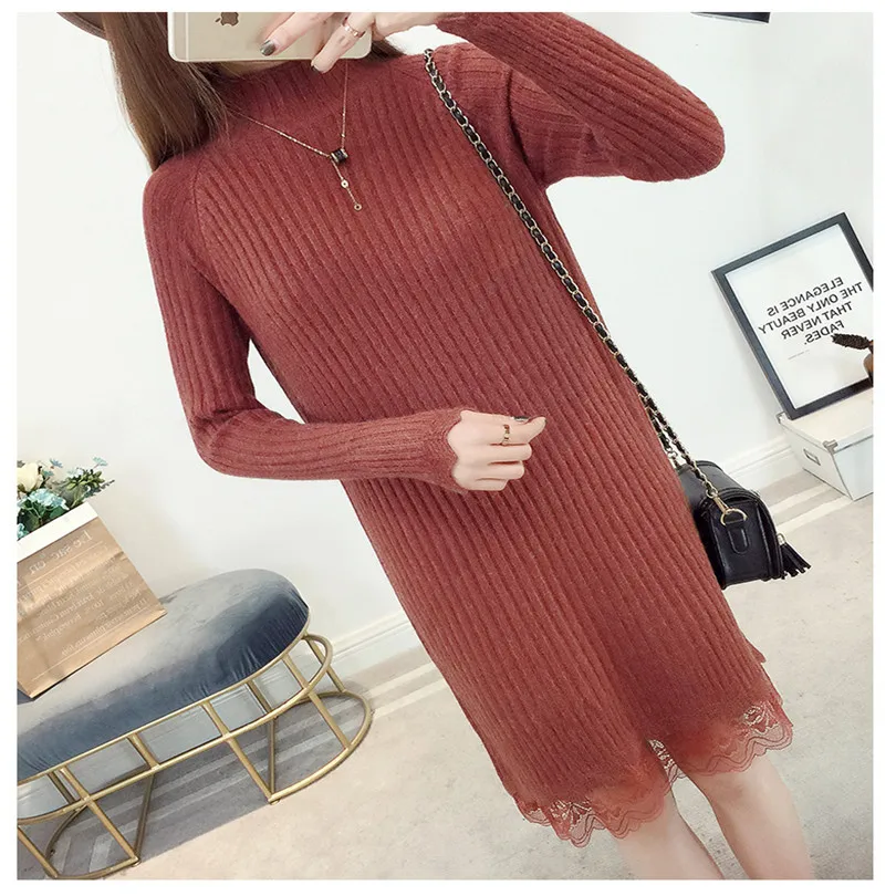 Женское трикотажное платье свитер с высоким воротником и кружевом|knitted dress|sweater