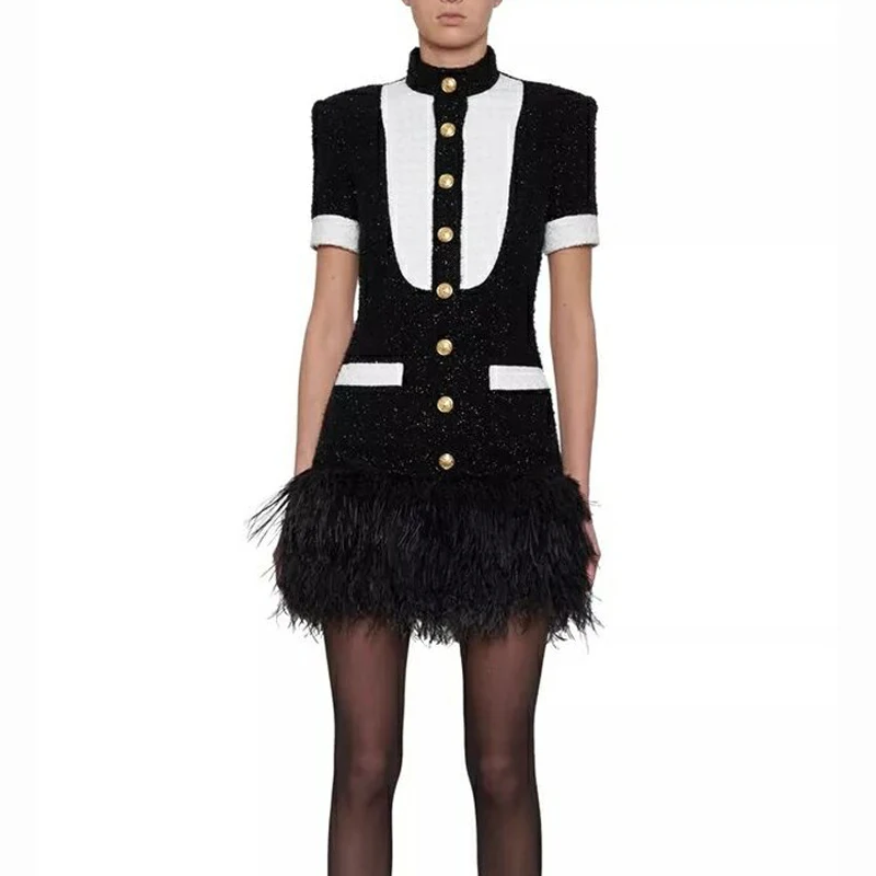 

HIGH STREET 2018 Newest Stylish Dress Women's Metal Buttons Color Block Feather Embellished Dress