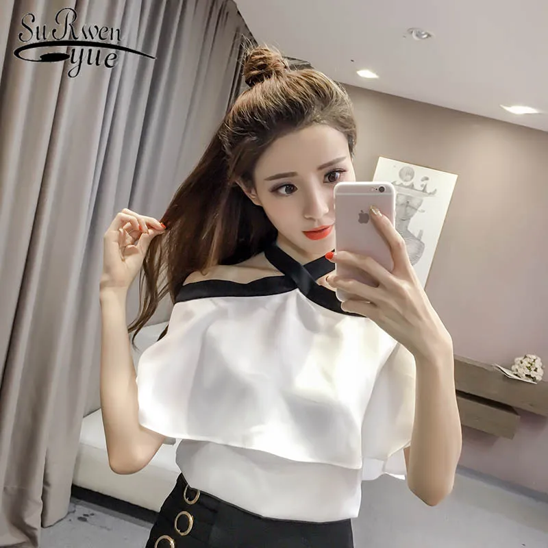 

New fashion Women short blouse 2019 Summer Temperament Famous White Hanging neck Lotus Leaf Show Shoulder short Shirt 2565 50