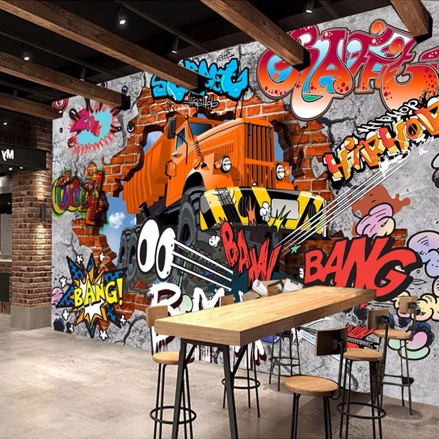 3D Broken Brick Wall Graffiti Cartoon Cars Mural For