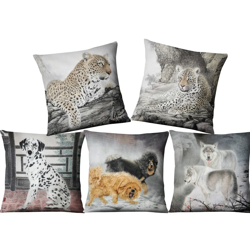 

Vintage Animals Claborate-Style Painting Fine Tibetan Mastiff Dog Wolf Leopard Cushion Cover Sofa Throw Pillow Case
