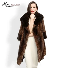 M. Y. FANSTY зимнее теплое леопардовое Норковое Пальто три четверти пальто с отложным воротником из натурального меха длинная норка