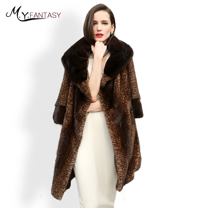 M.Y.FANSTY 2019 Winter Warm Three Quarter Leopard Mink Coat Turn Down