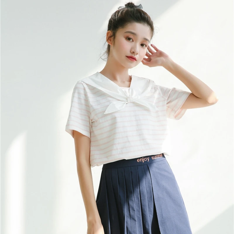 

spring 2019 summer shirts women harajuku korean style fashion friends sweet pink top bandage bow stripe navy style t shirt women